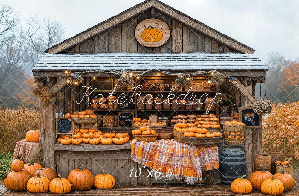 Kate Autumn Pumpkin Stand Rustic Wood Fleece Backdrop Designed by Emetselch - Image 2