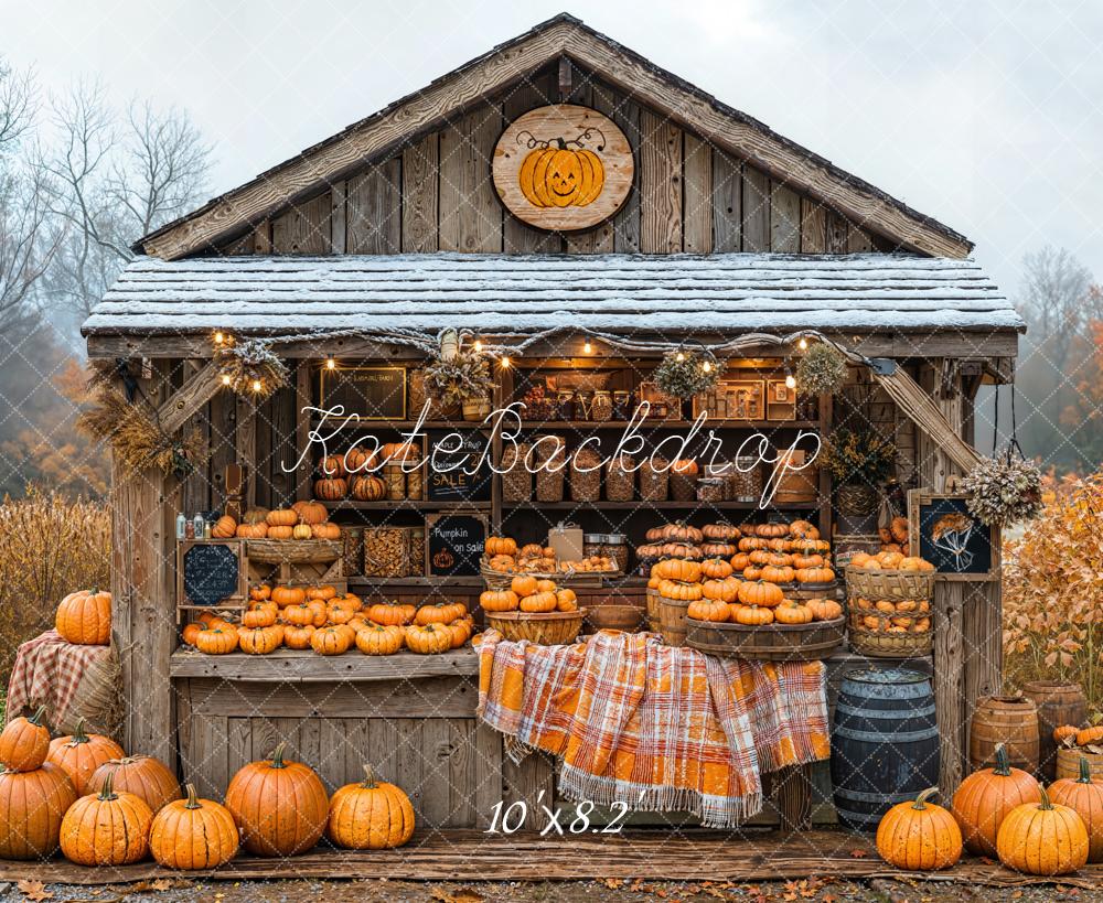 Kate Autumn Pumpkin Stand Rustic Wood Fleece Backdrop Designed by Emetselch - Image 3
