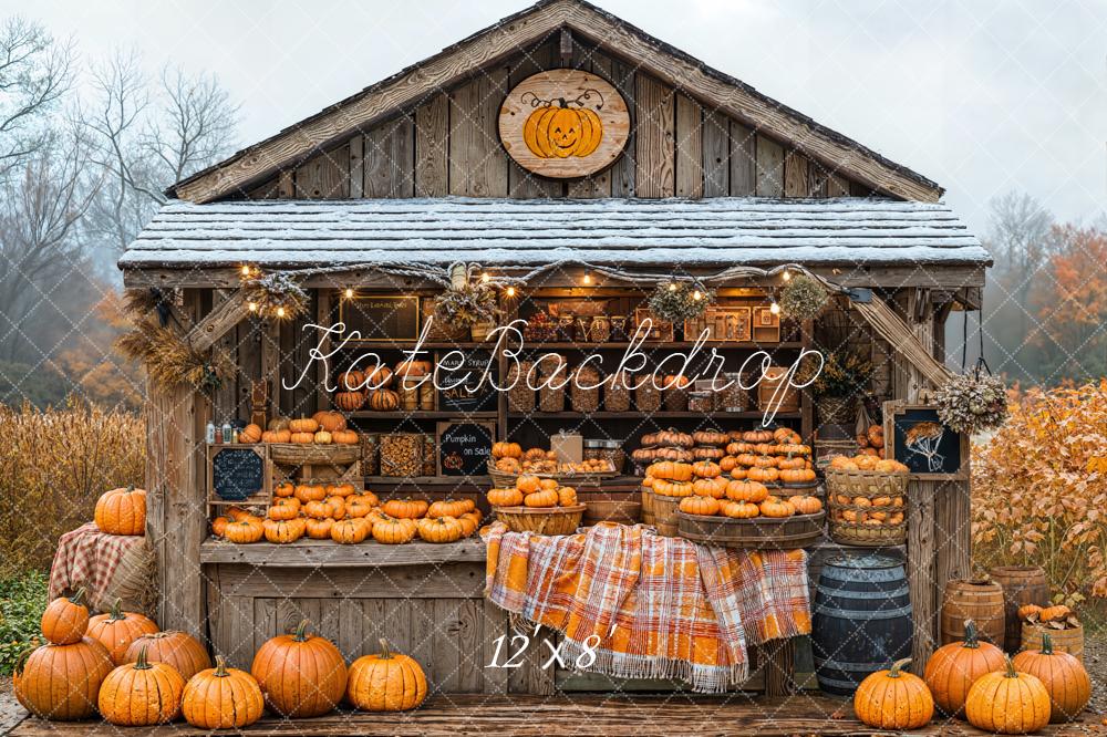 Kate Autumn Pumpkin Stand Rustic Wood Fleece Backdrop Designed by Emetselch - Image 4