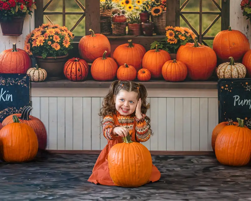 Kate Autumn Pumpkin Stand Sunflower Field Backdrop Designed by Emetselch - Image 3