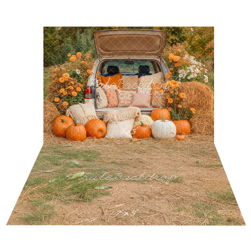 Kate Autumn Pumpkin Truck Hay Bales Backdrop+Earthy Grass Floor Backdrop - Image 2