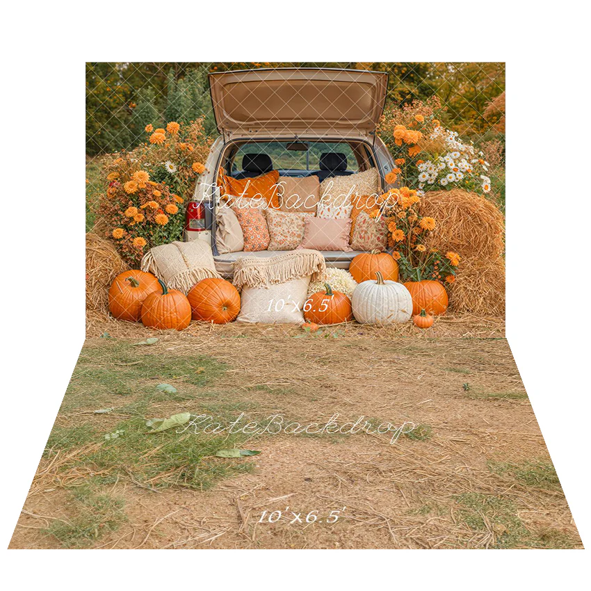 Kate Autumn Pumpkin Truck Hay Bales Backdrop+Earthy Grass Floor Backdrop - Image 4
