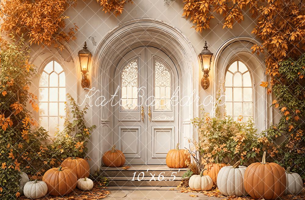 Kate Autumn Pumpkins Arched Door Lanterns Fleece Backdrop Designed by Emetselch - Image 2