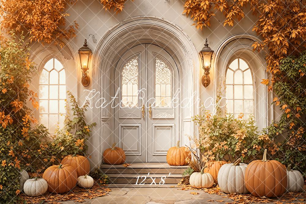 Kate Autumn Pumpkins Arched Door Lanterns Fleece Backdrop Designed by Emetselch - Image 4