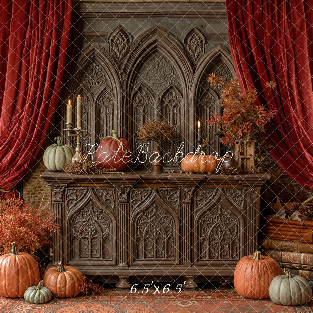 Kate Autumn Pumpkins Cabinet Red Curtains Backdrop Designed by Emetselch - Image 2