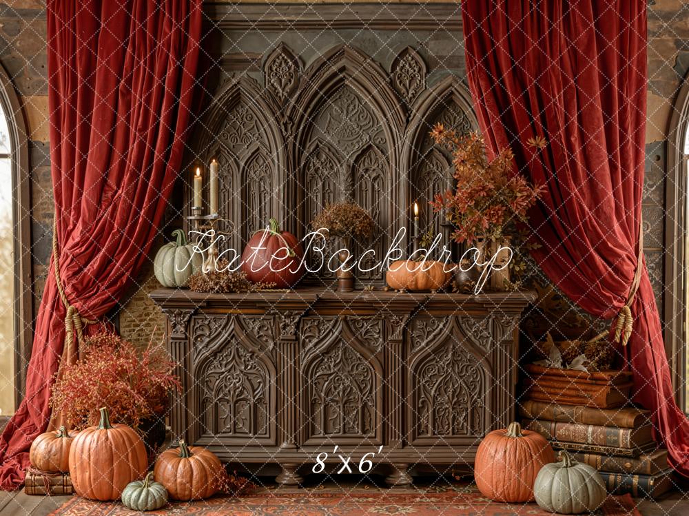 Kate Autumn Pumpkins Cabinet Red Curtains Backdrop Designed by Emetselch - Image 3