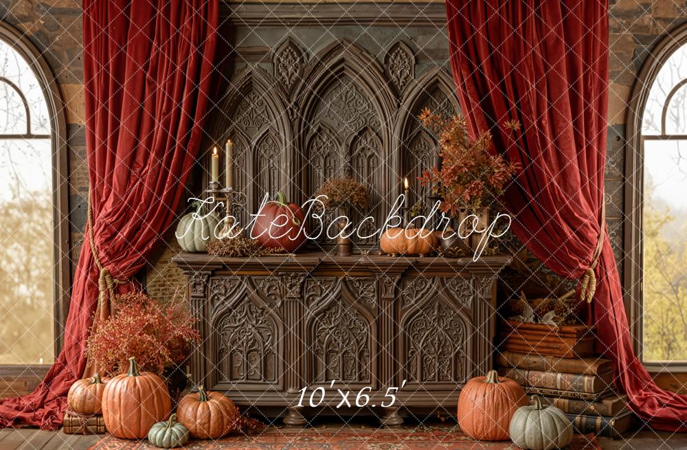 Kate Autumn Pumpkins Cabinet Red Curtains Backdrop Designed by Emetselch - Image 4