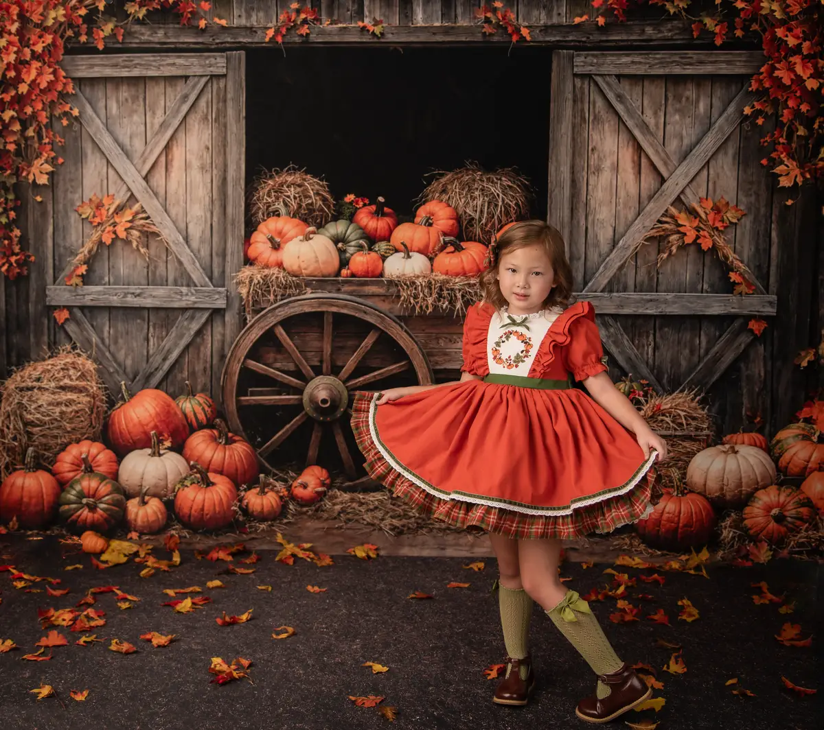 Kate Autumn Pumpkins Cart Barn Door Backdrop Designed by Emetselch - Image 2