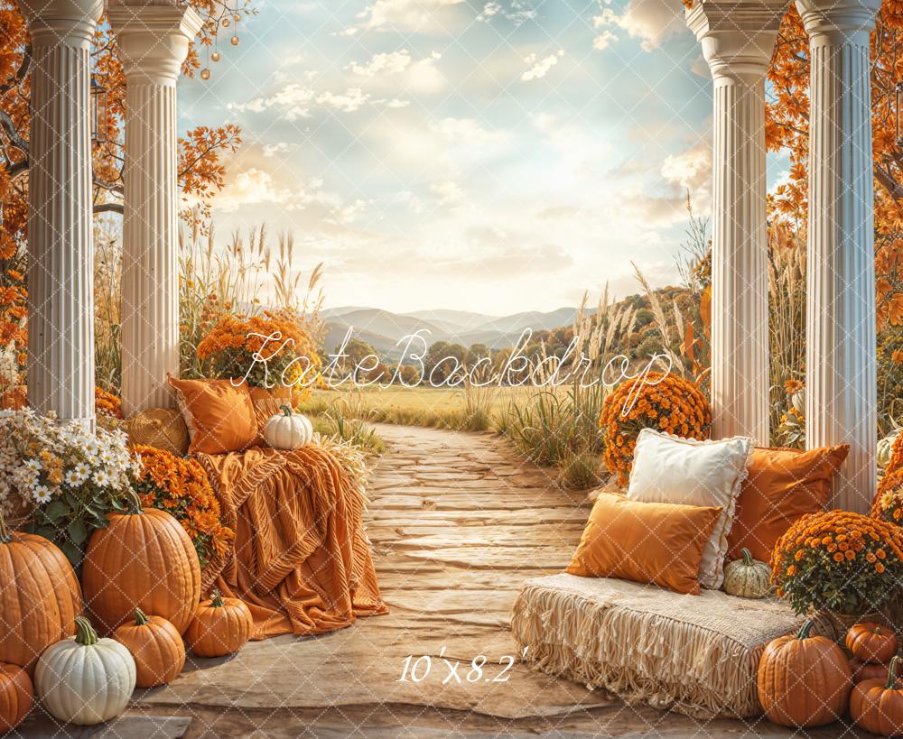 Kate Autumn Pumpkins Columns Path Fleece Backdrop Designed by Emetselch - Image 3