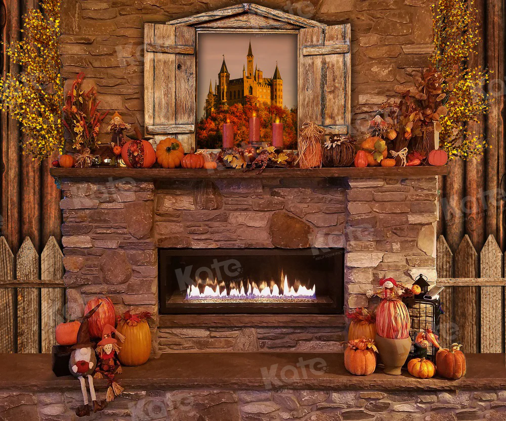 Kate Autumn Pumpkins Fireplace Backdrop for Photography - Image 2