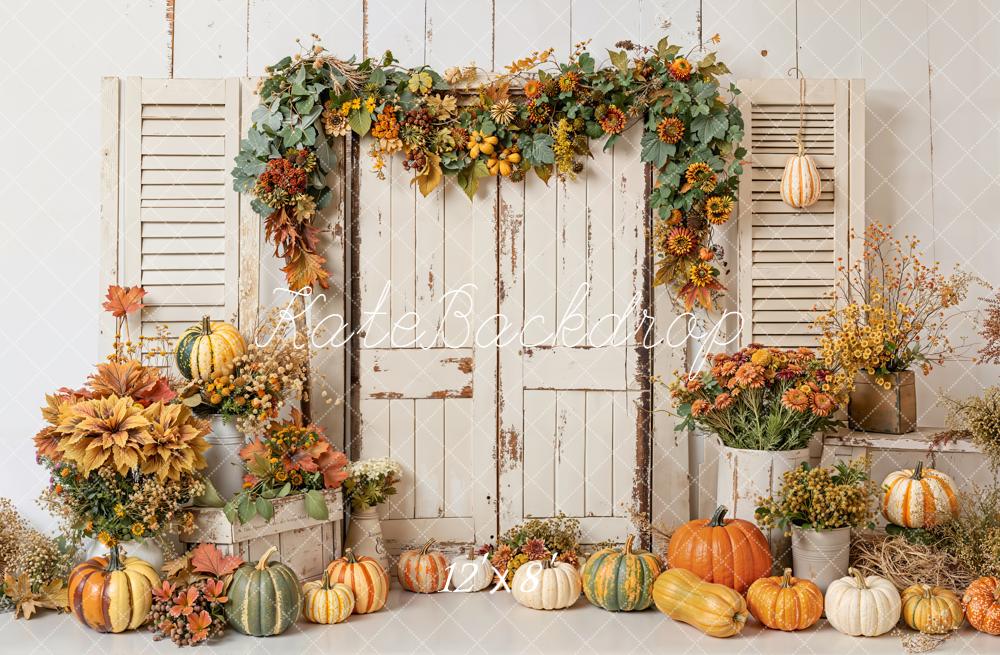Kate Autumn Pumpkins Floral Shutter Door Fleece Backdrop Designed by Emetselch - Image 4