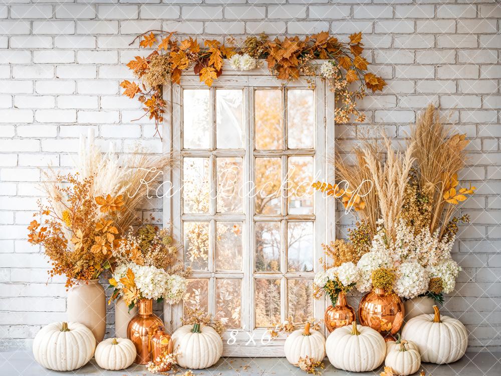 Kate Autumn Pumpkins Floral Window Brick Backdrop Designed by Emetselch - Image 3