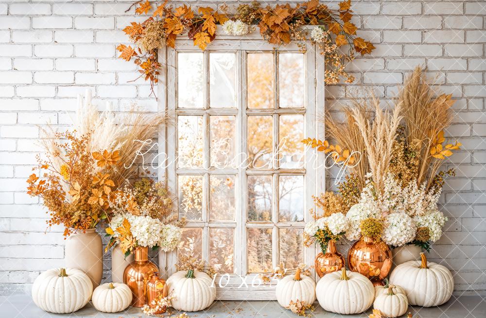 Kate Autumn Pumpkins Floral Window Brick Backdrop Designed by Emetselch - Image 4