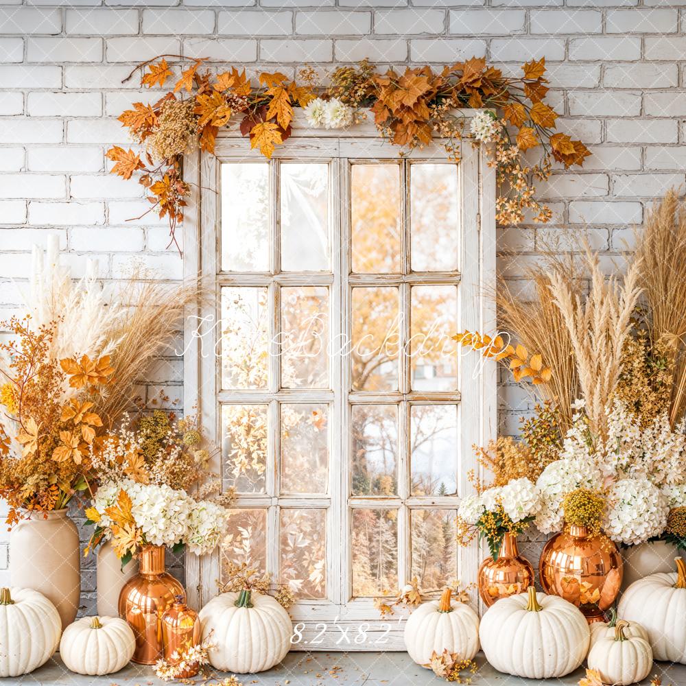 Kate Autumn Pumpkins Floral Window Brick Backdrop Designed by Emetselch - Image 5