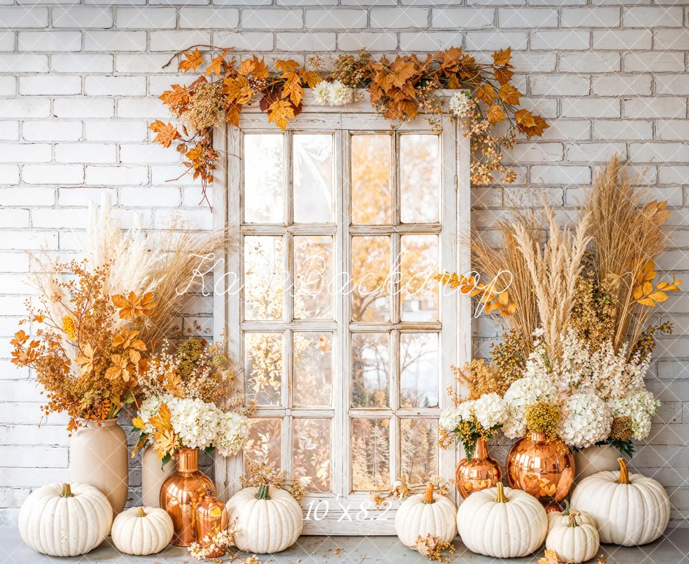 Kate Autumn Pumpkins Floral Window Brick Backdrop Designed by Emetselch - Image 6