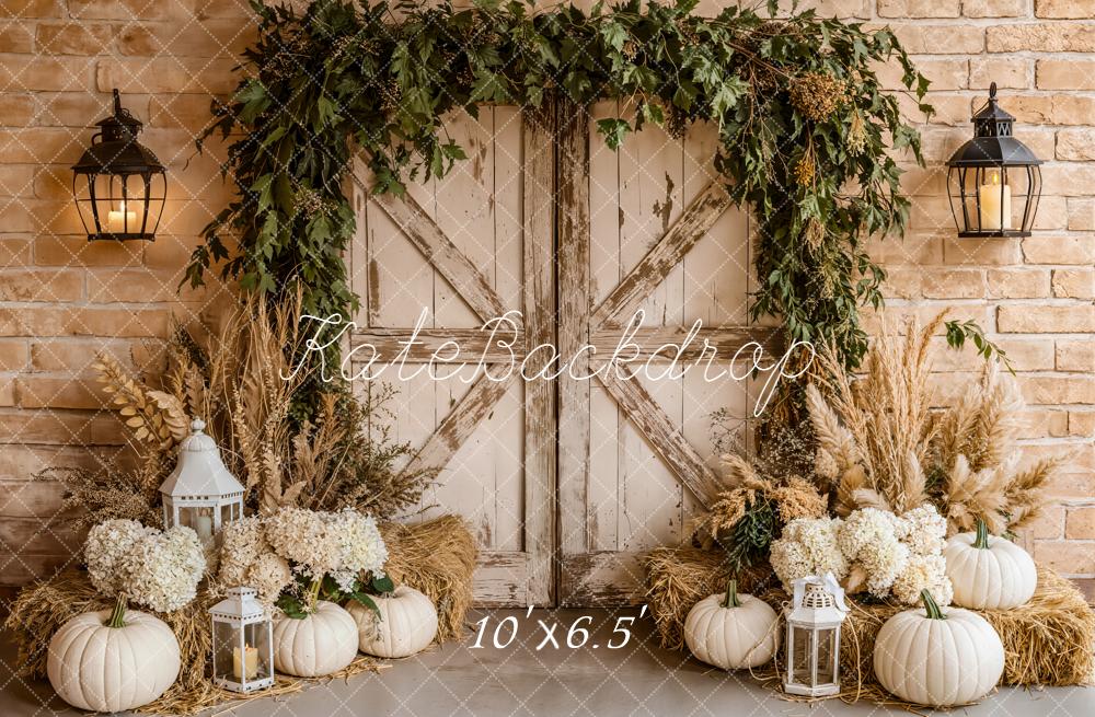 Kate Autumn Pumpkins Hay Barn Door Fleece Backdrop Designed by Emetselch - Image 2