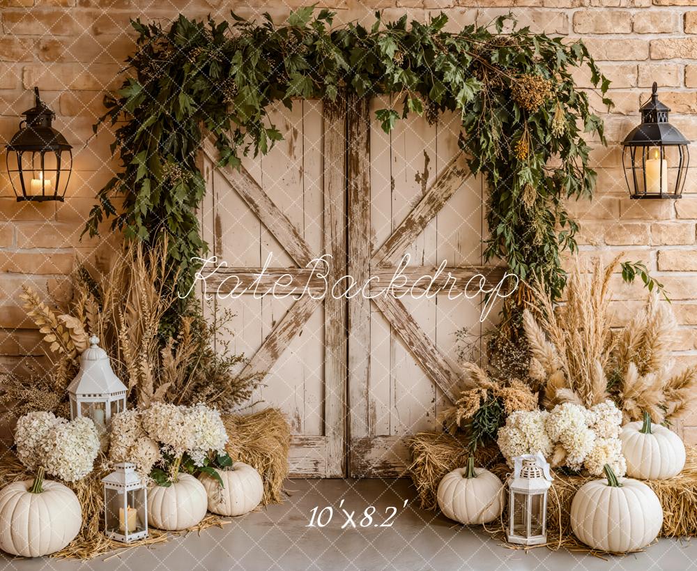 Kate Autumn Pumpkins Hay Barn Door Fleece Backdrop Designed by Emetselch - Image 3