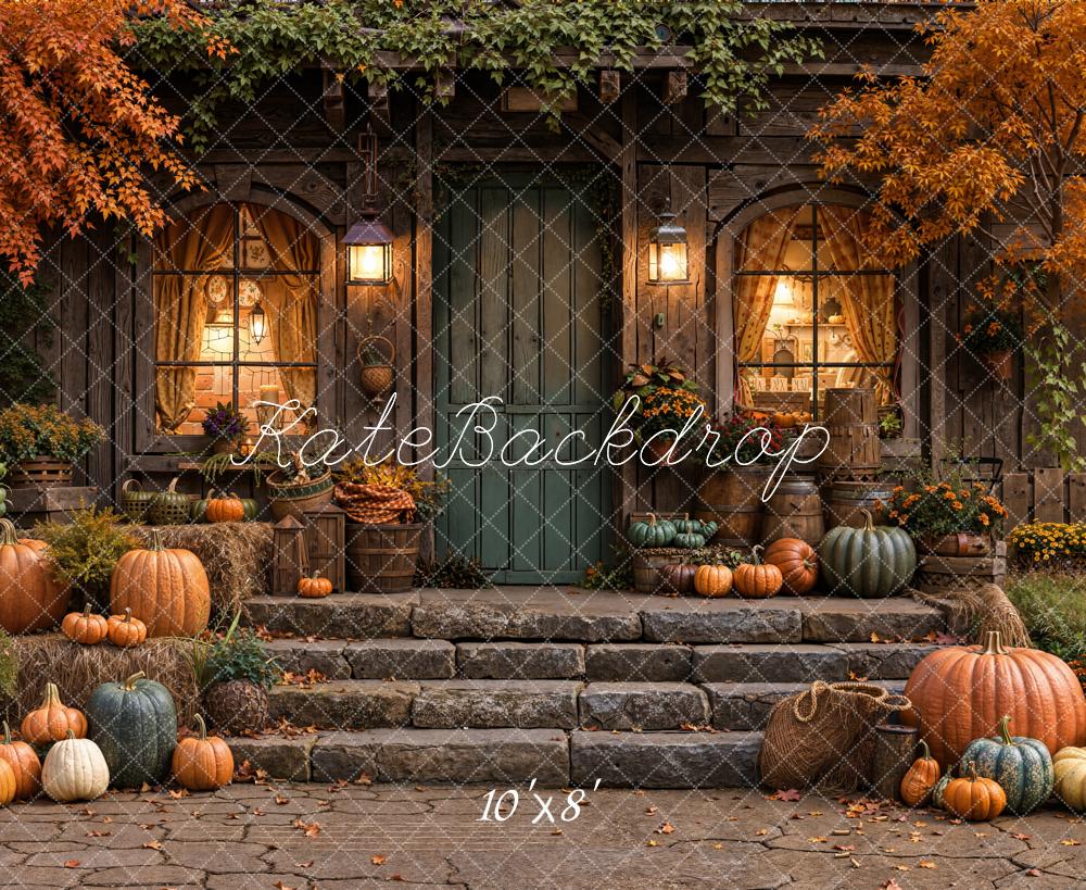 Kate Autumn Pumpkins Rustic House Leaves Fleece Backdrop Designed by Emetselch - Image 3