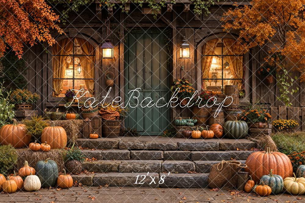 Kate Autumn Pumpkins Rustic House Leaves Fleece Backdrop Designed by Emetselch - Image 4