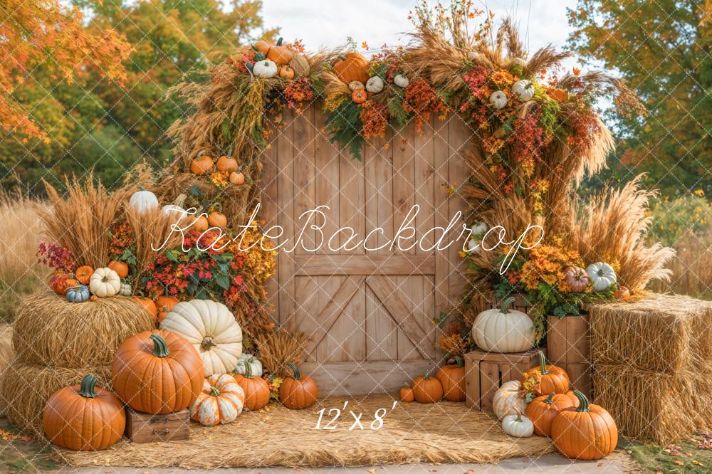 Kate Autumn Pumpkins Wooden Door Fleece Backdrop Designed by Emetselch - Image 2