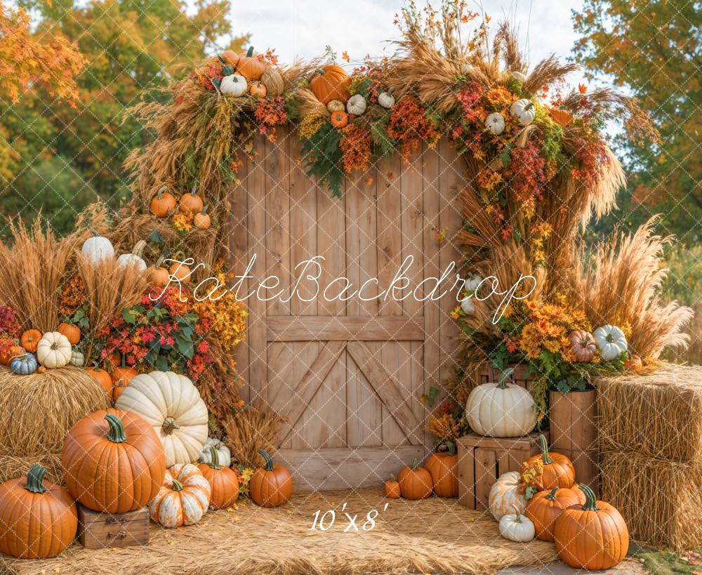 Kate Autumn Pumpkins Wooden Door Fleece Backdrop Designed by Emetselch - Image 4