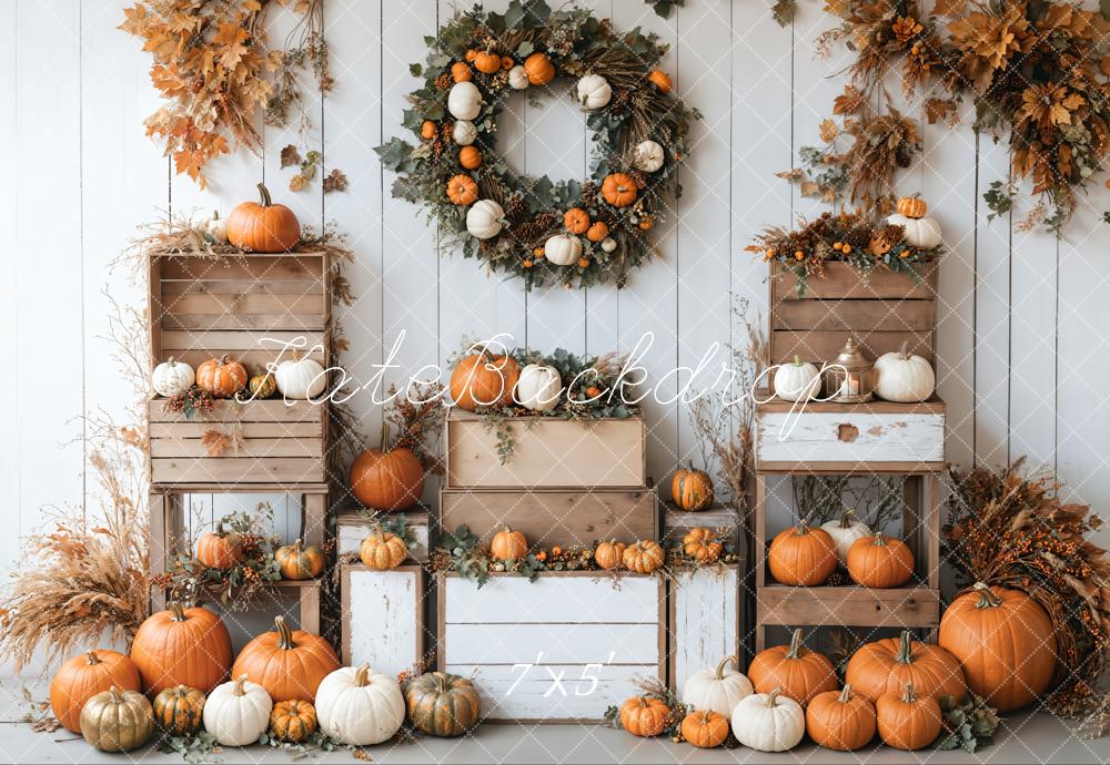 Kate Autumn Pumpkins Wreath White Wall Backdrop Designed by Emetselch - Image 2