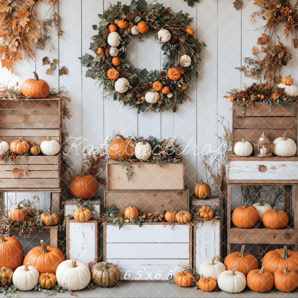 Kate Autumn Pumpkins Wreath White Wall Backdrop Designed by Emetselch - Image 5