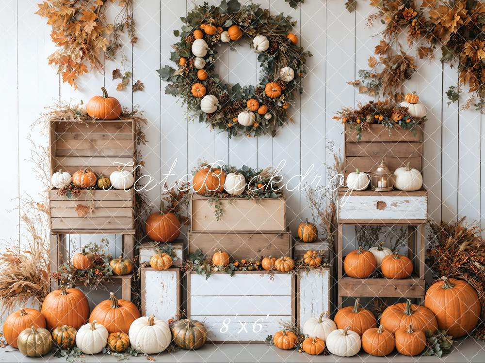 Kate Autumn Pumpkins Wreath White Wall Backdrop Designed by Emetselch - Image 6
