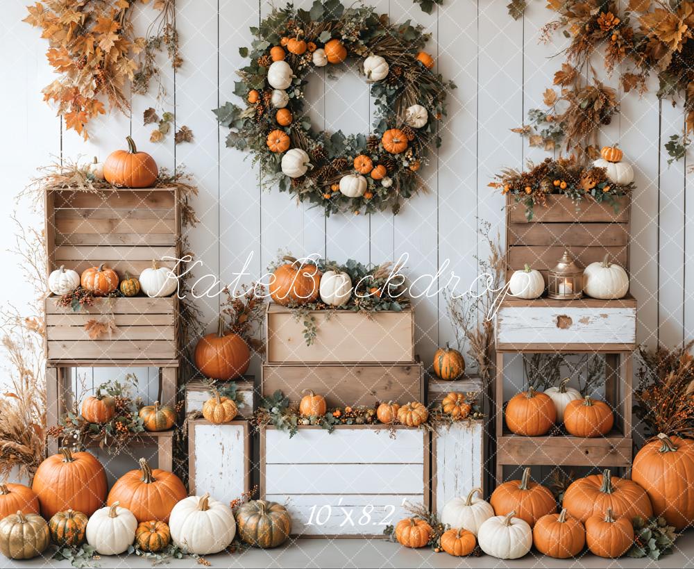 Kate Autumn Pumpkins Wreath White Wall Backdrop Designed by Emetselch - Image 8