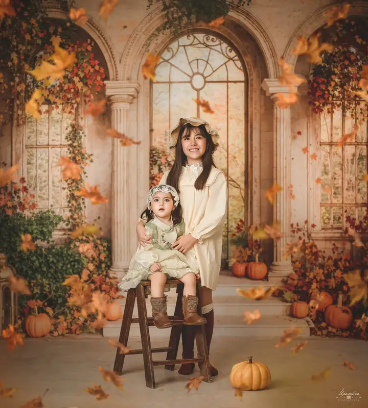 Kate Autumn Retro Arch Maple Leaves Pumpkin Backdrop Designed by Emetselch - Image 3
