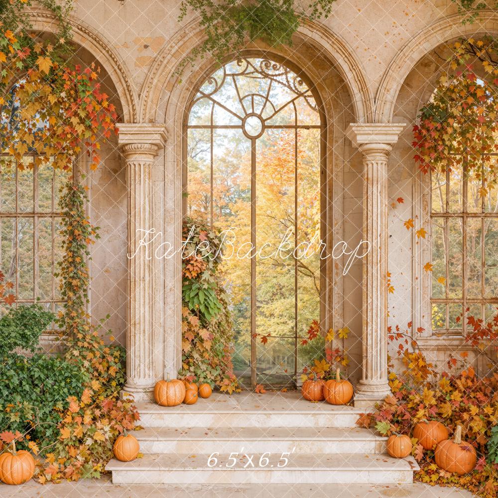 Kate Autumn Retro Arch Maple Leaves Pumpkin Backdrop Designed by Emetselch - Image 4