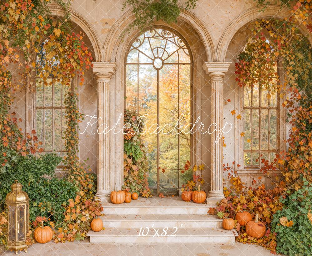Kate Autumn Retro Arch Maple Leaves Pumpkin Backdrop Designed by Emetselch - Image 5