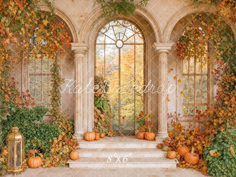 Kate Autumn Retro Arch Maple Leaves Pumpkin Backdrop Designed by Emetselch - Image 7