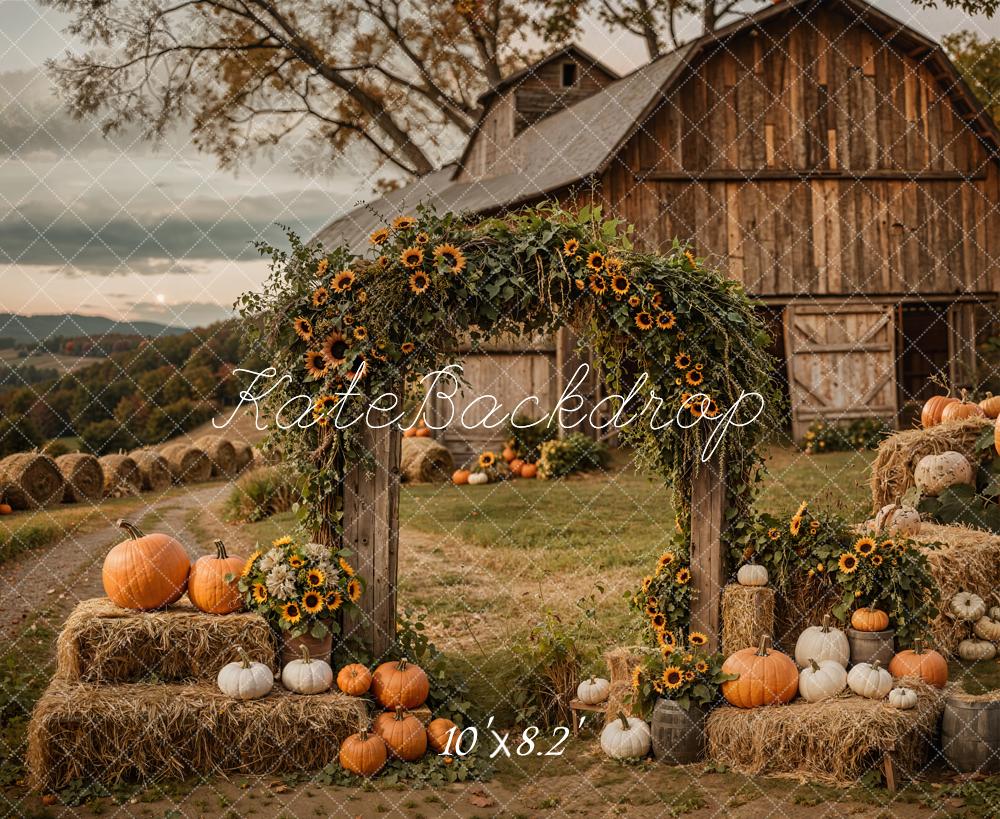 Kate Autumn Rustic Sunflower Arch Pumpkin Barn Backdrop Designed by Emetselch - Image 3