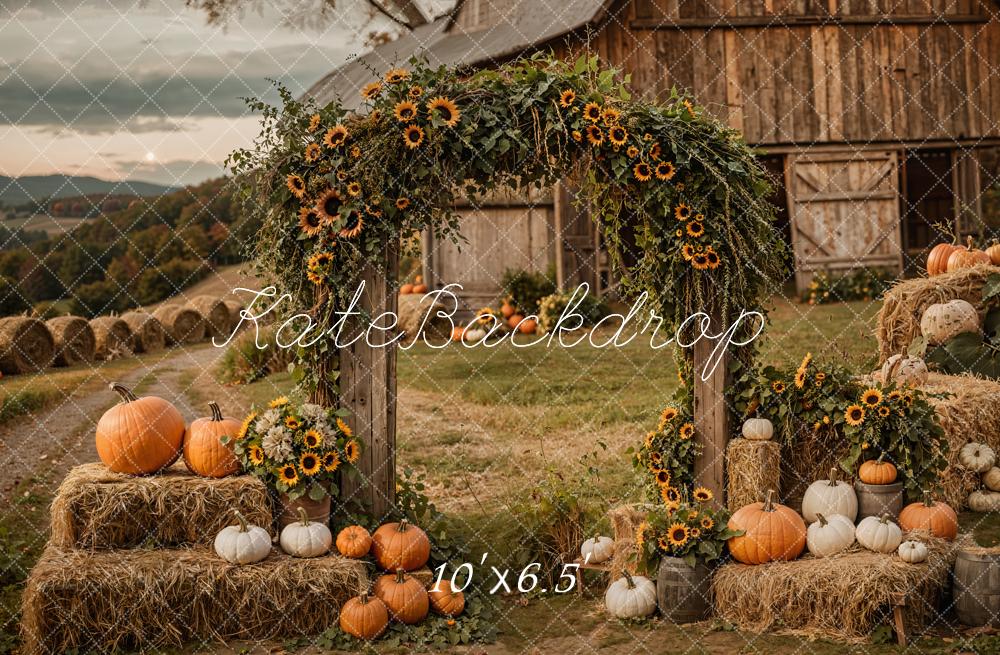 Kate Autumn Rustic Sunflower Arch Pumpkin Barn Backdrop Designed by Emetselch - Image 4