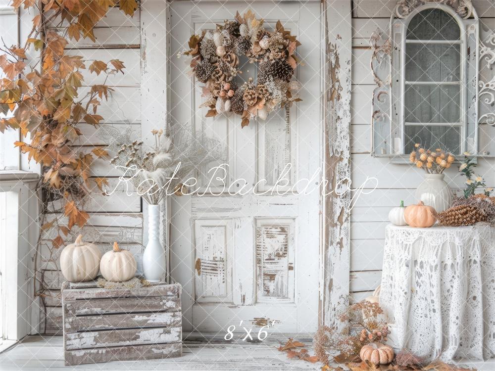 Kate Autumn Shabby White Rustic Pumpkins Door Backdrop Designed by Mini MakeBelieve - Image 3