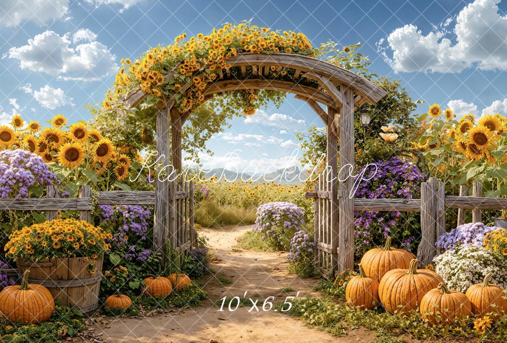 Kate Autumn Sunflower Arch Pumpkins Garden Fleece Backdrop Designed by Emetselch - Image 2