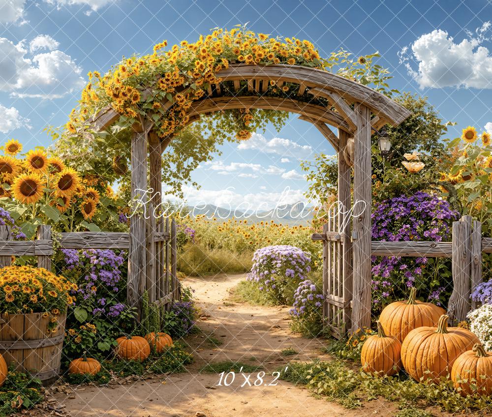 Kate Autumn Sunflower Arch Pumpkins Garden Fleece Backdrop Designed by Emetselch - Image 3