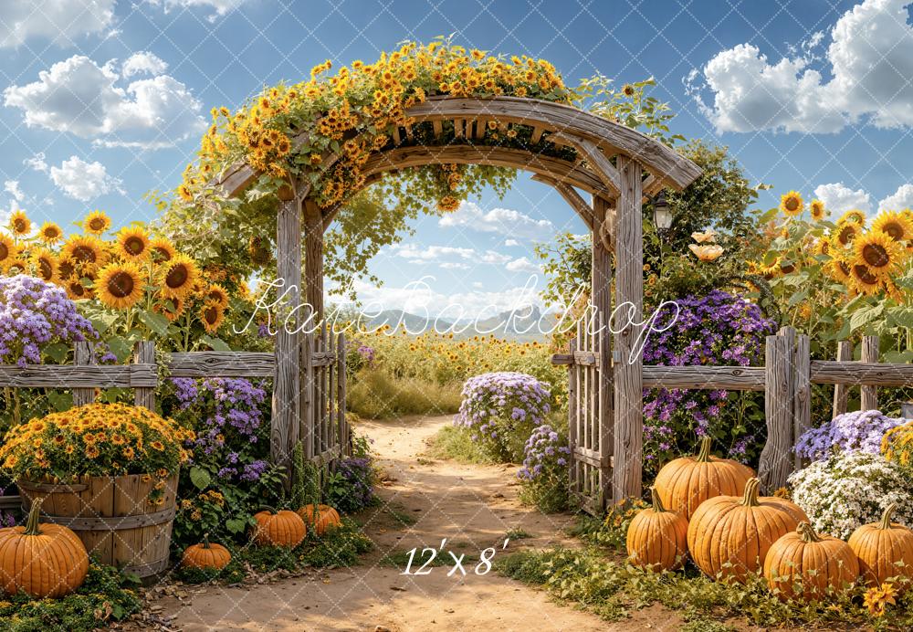 Kate Autumn Sunflower Arch Pumpkins Garden Fleece Backdrop Designed by Emetselch - Image 4