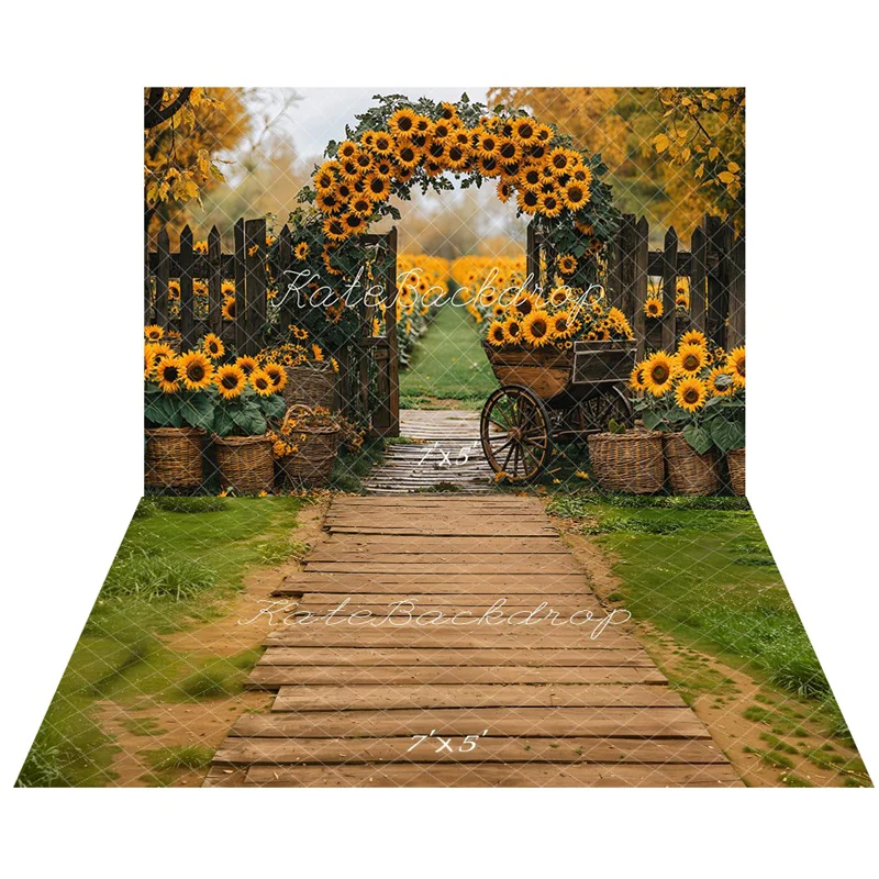 Kate Autumn Sunflower Arch Backdrop+Wooden Pathway Grass Floor Backdrop - Image 2