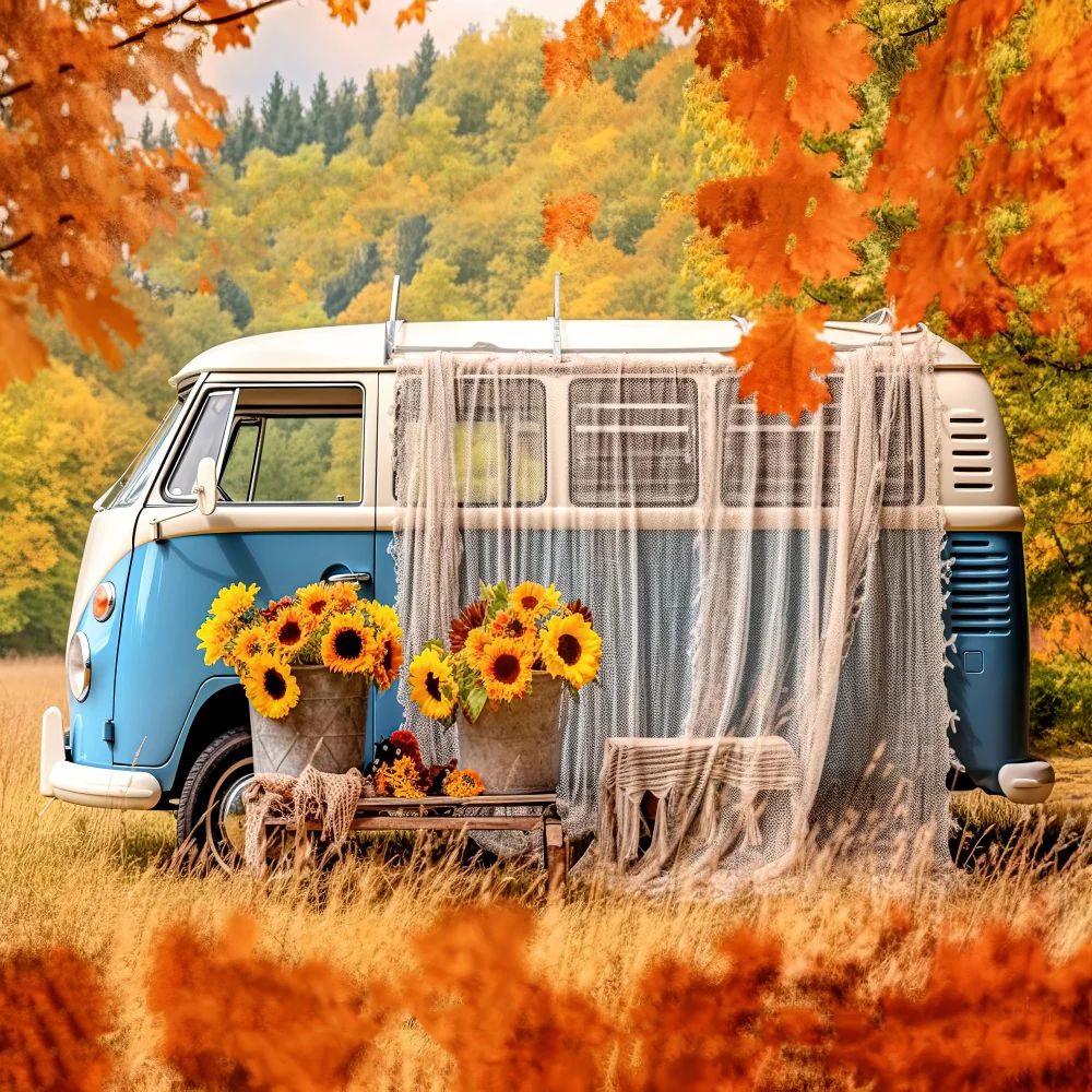 Kate Autumn Sunflower Bus Backdrop for Photography - Image 3