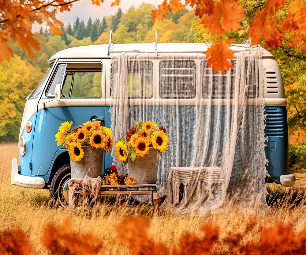 Kate Autumn Sunflower Bus Backdrop for Photography - Image 4