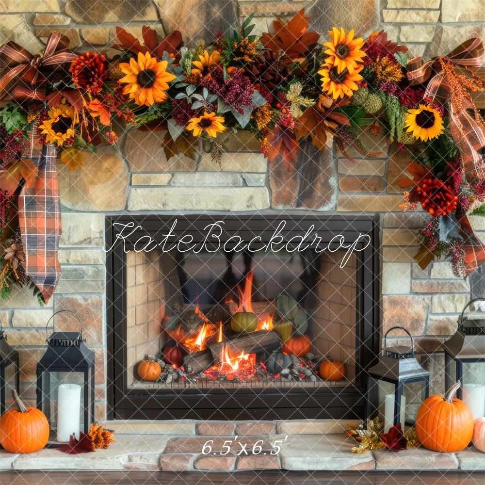 Kate Autumn Sunflower Fireplace Brick Wall Backdrop Designed by Mini MakeBelieve - Image 2