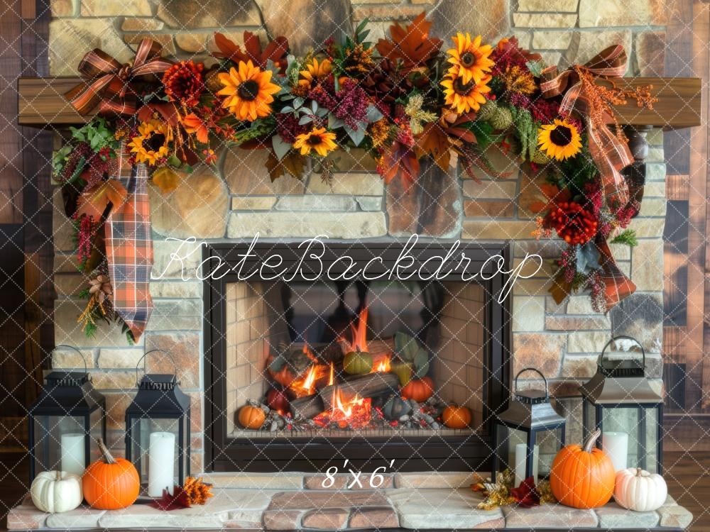 Kate Autumn Sunflower Fireplace Brick Wall Backdrop Designed by Mini MakeBelieve - Image 3