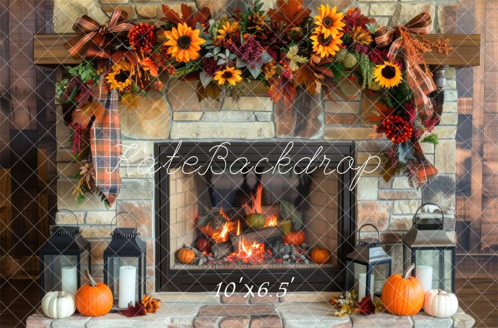 Kate Autumn Sunflower Fireplace Brick Wall Backdrop Designed by Mini MakeBelieve - Image 4
