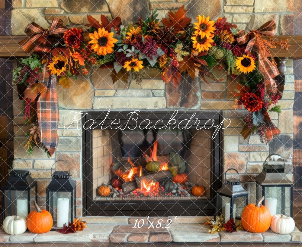 Kate Autumn Sunflower Fireplace Brick Wall Backdrop Designed by Mini MakeBelieve - Image 5