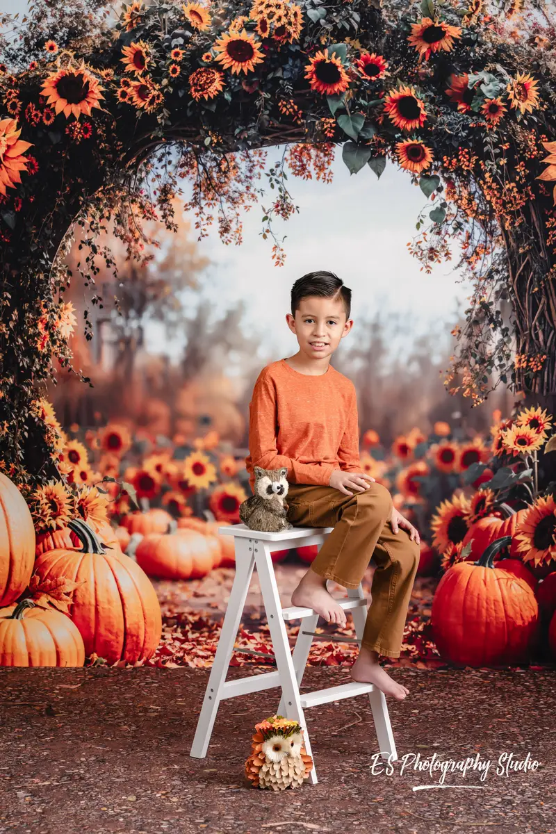 Kate Autumn Sunflower Pumpkin Arch Fleece Backdrop Designed by Emetselch - Image 3