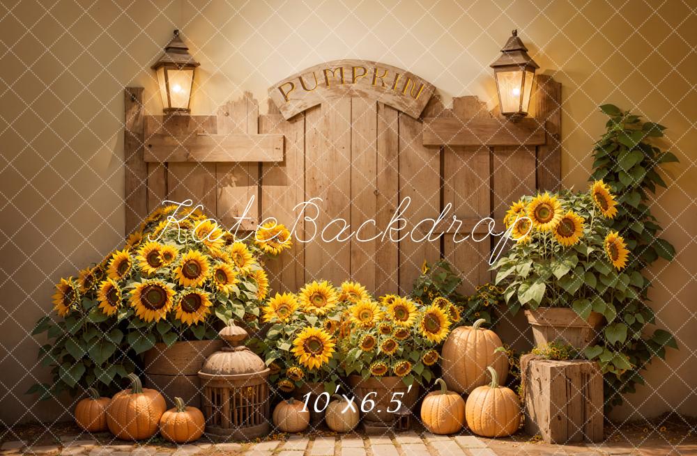 Kate Autumn Sunflower Pumpkin Barn Door Backdrop Designed by Emetselch - Image 4