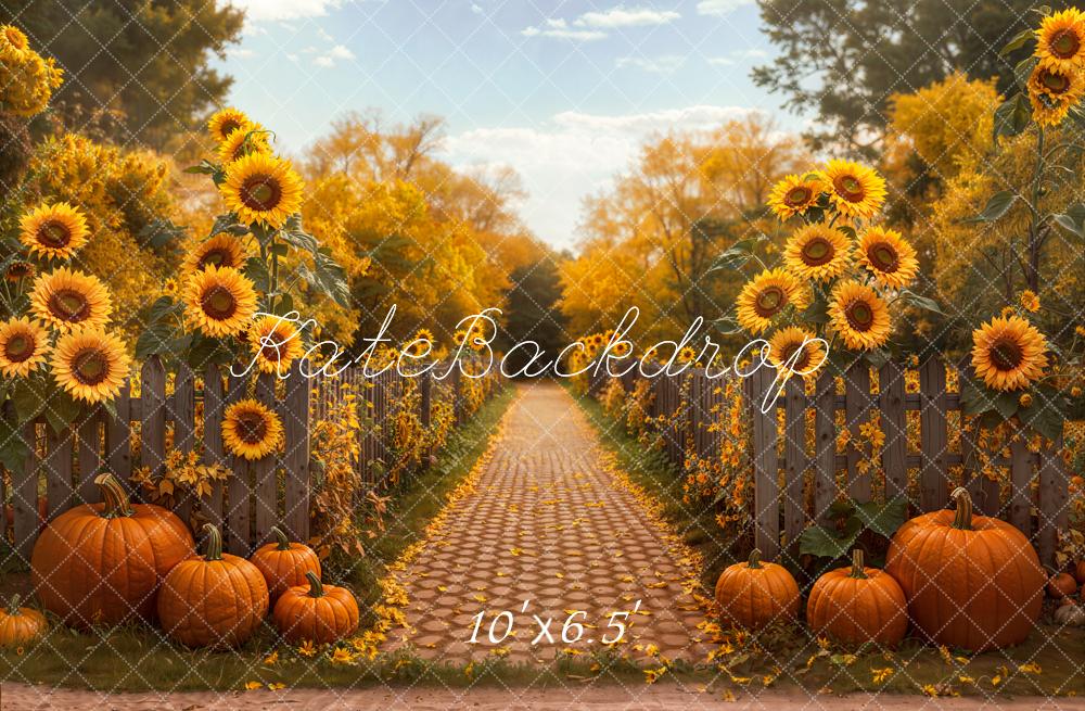 Kate Autumn Sunflower Pumpkin Cobblestone Path Fleece Backdrop Designed by Emetselch - Image 2