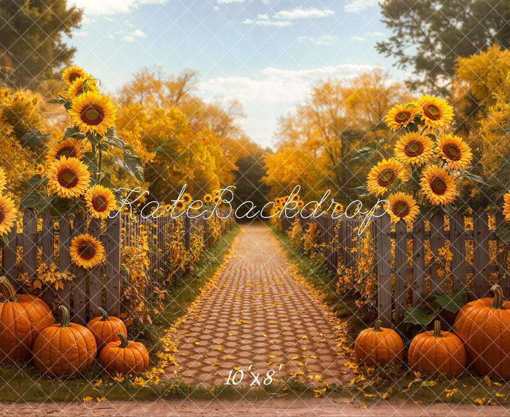 Kate Autumn Sunflower Pumpkin Cobblestone Path Fleece Backdrop Designed by Emetselch - Image 3